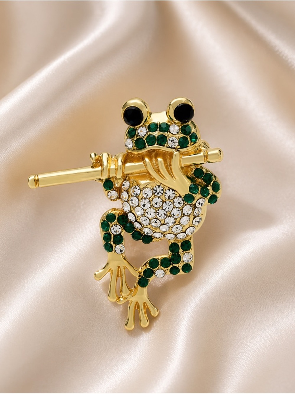 Musical Frog Green Crystal Gold Brooch